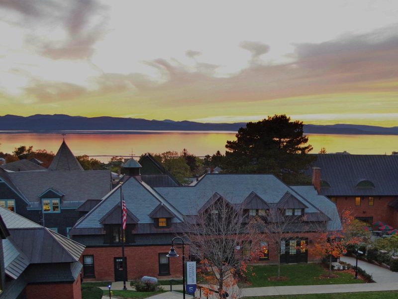 View of Lake Champlain at Sunset Over Champlain Campus