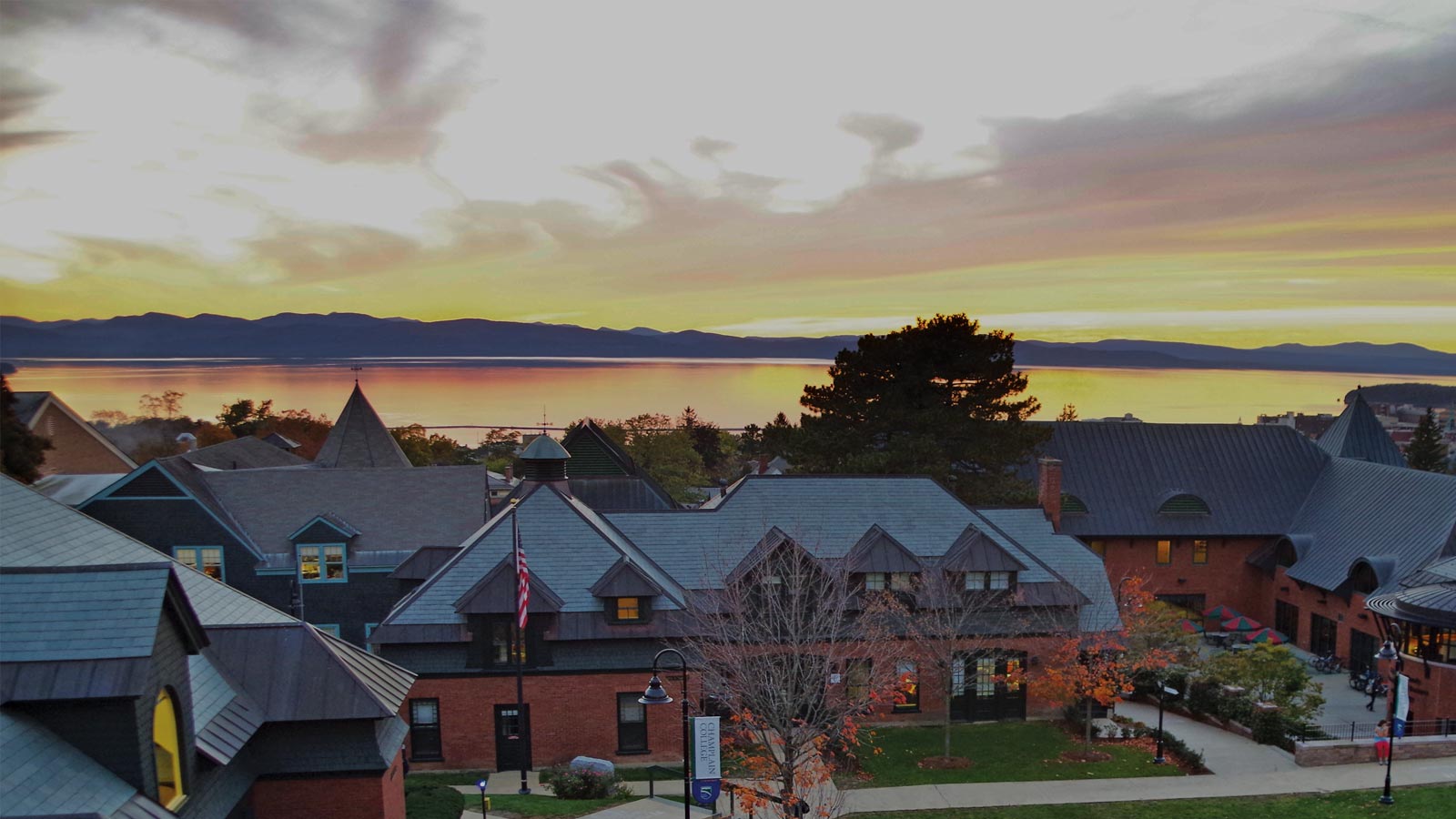 View of Lake Champlain at Sunset Over Champlain Campus